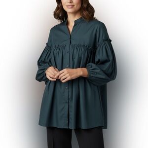 Mango Deep Teal Button-Front Smocked Tunic